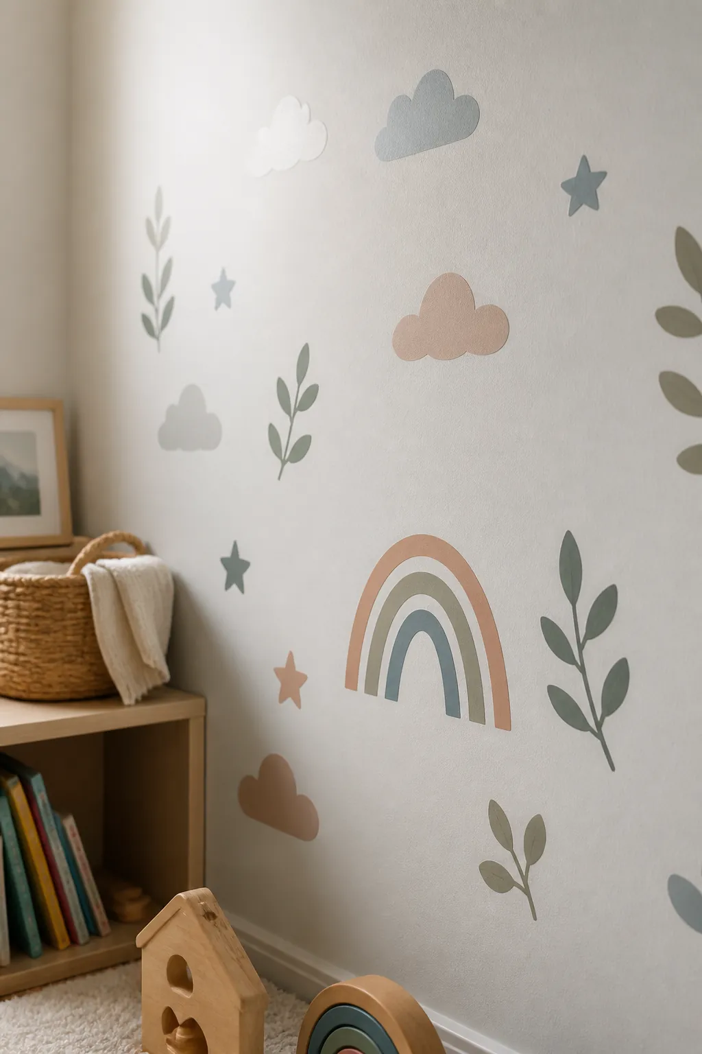 Close-up of removable wall decals applied smoothly to painted drywall in a child friendly room