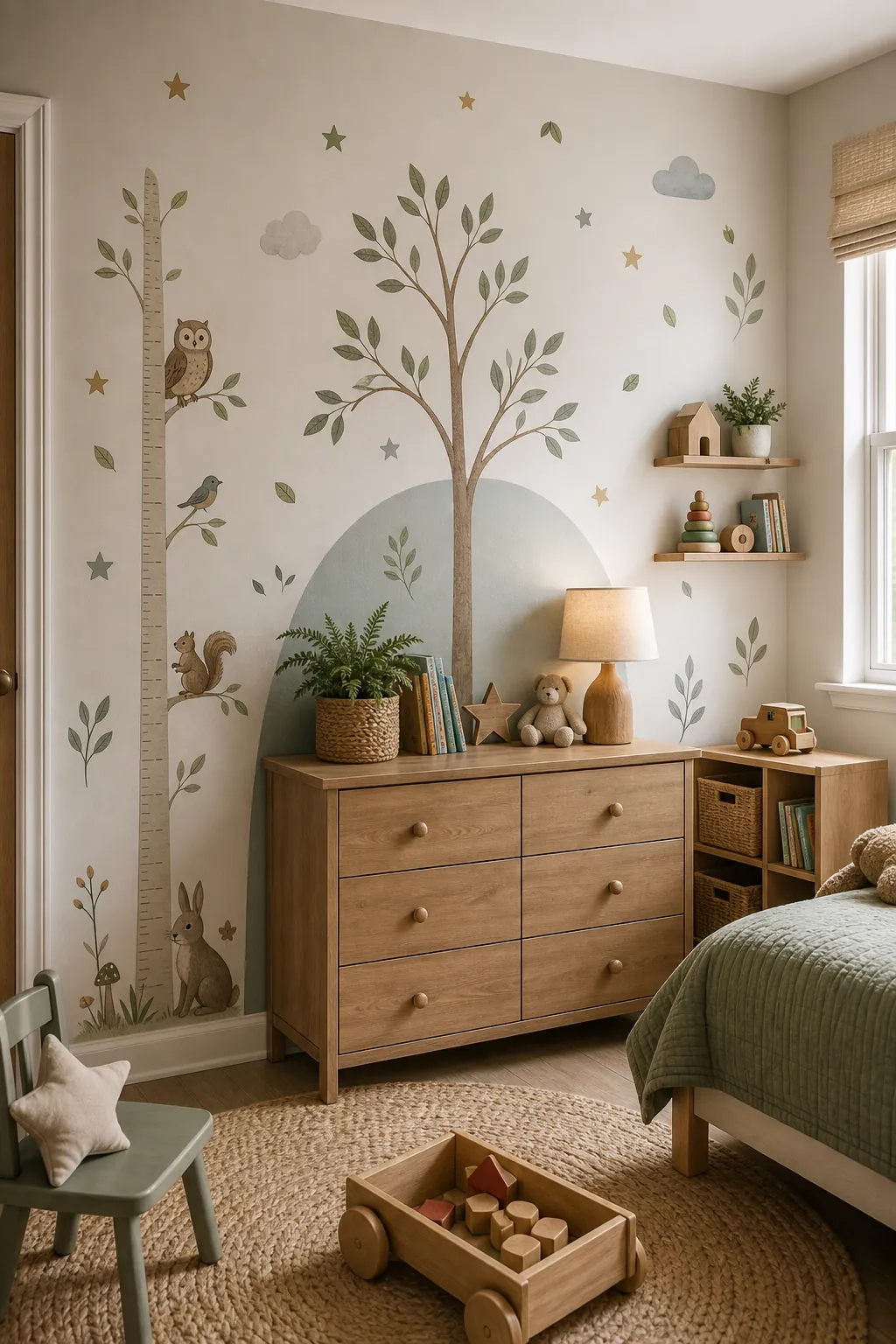 Kids bedroom walls styled with a growth chart decal and layered removable accent decals