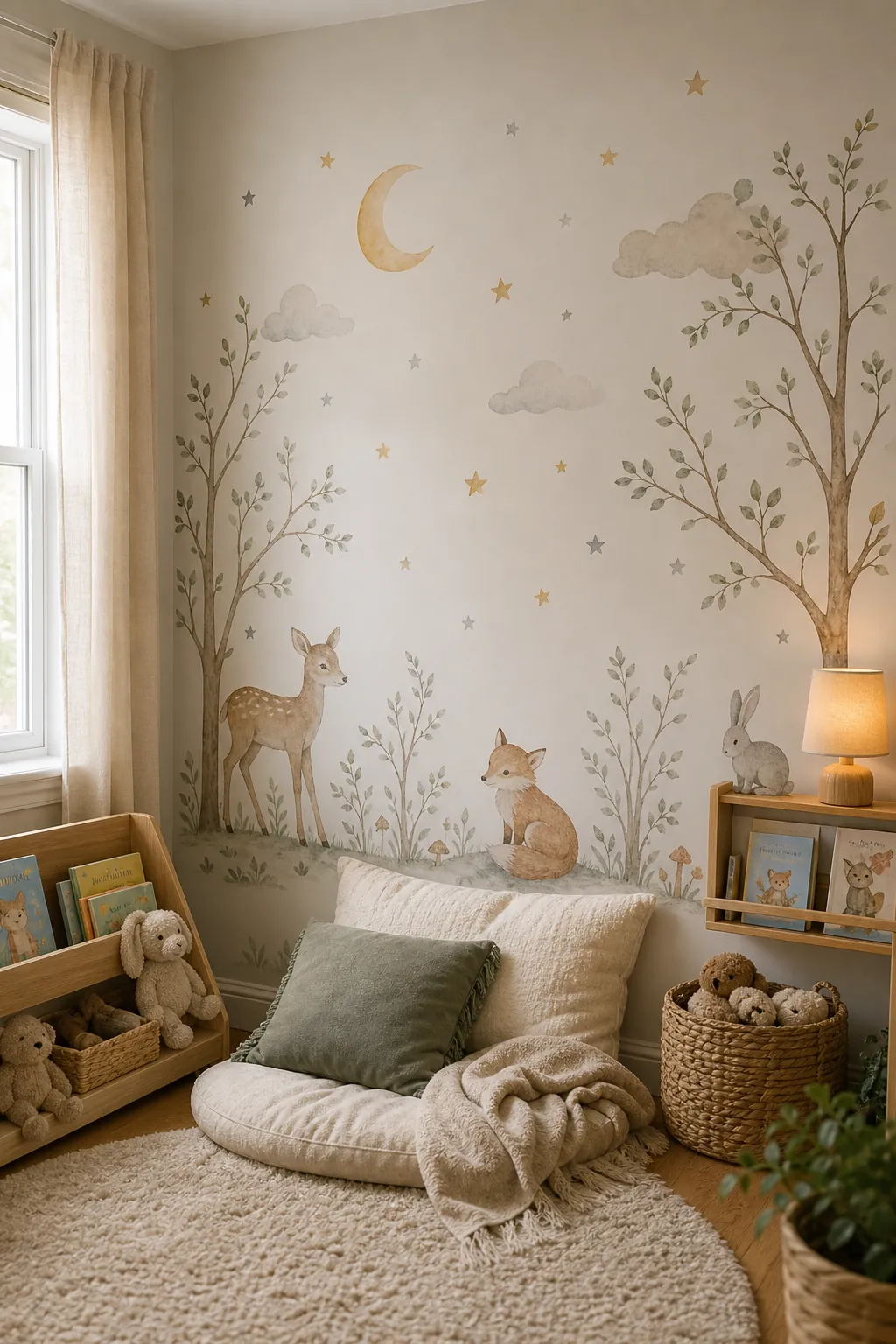 Nursery wall decals framing a cozy reading nook with shelves and a floor cushion