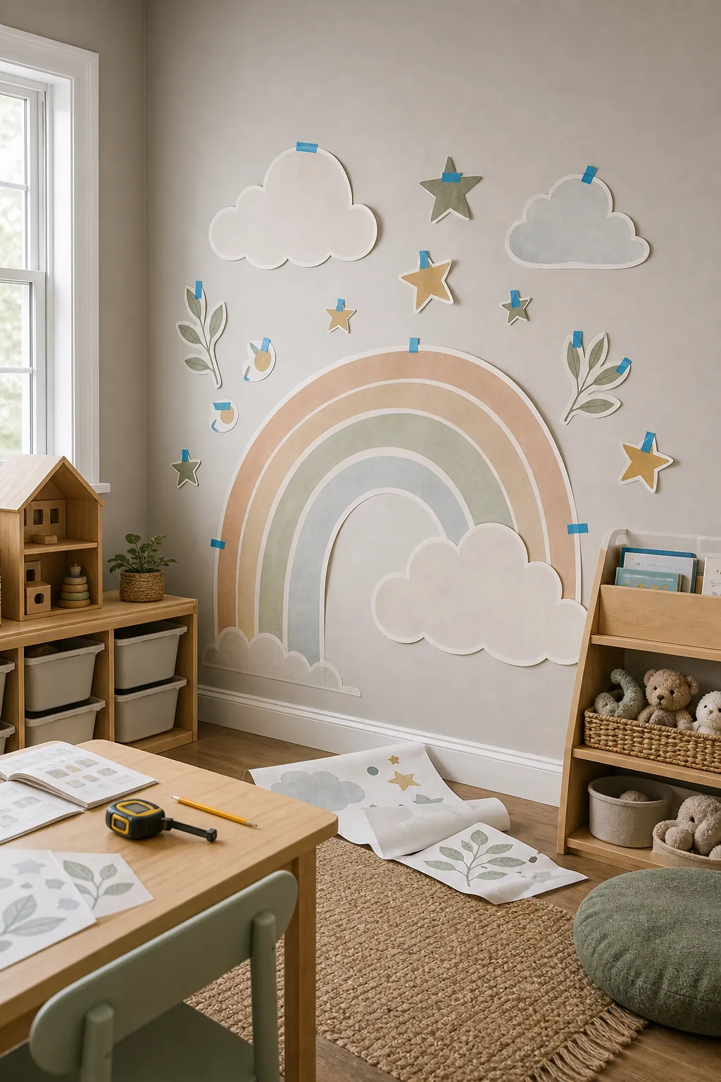 Playroom wall mural layout planned with removable decals before final placement