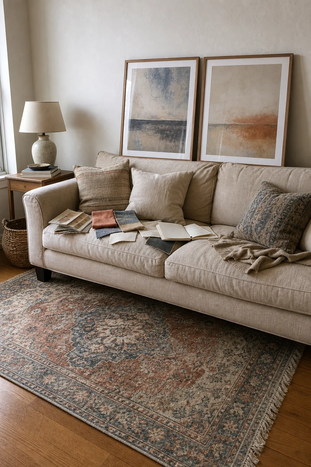 Living room wall art palette pulled from a sofa and patterned rug