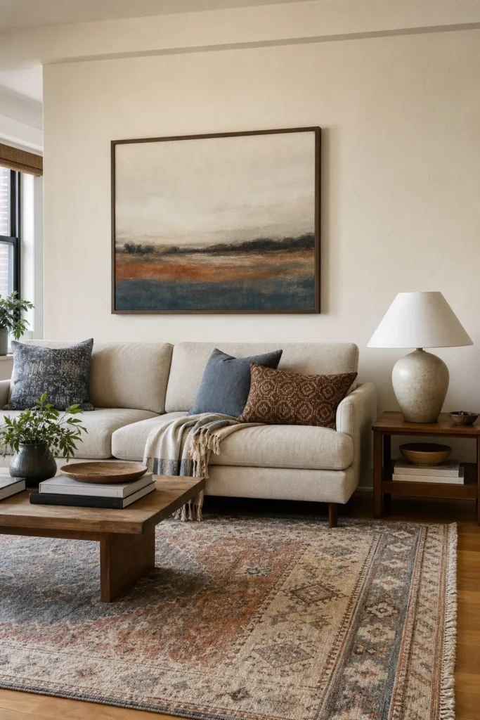 Living room wall art chosen to match a neutral sofa and patterned rug