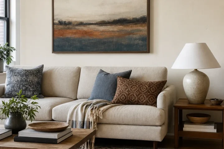 Living room wall art chosen to match a neutral sofa and patterned rug