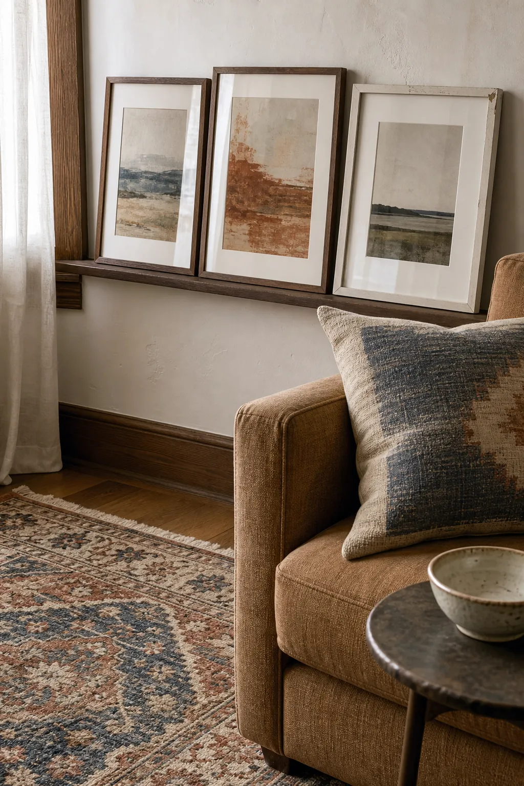 Comparing rug colors with wall art swatches for cohesive living room decor