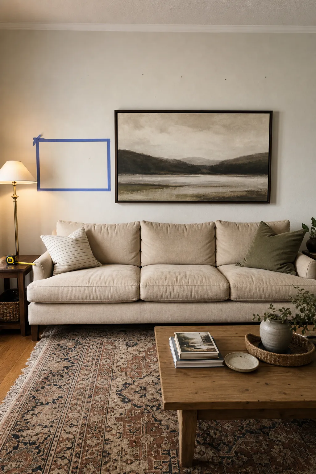 Checking the scale of wall art above a sofa before matching it to a rug