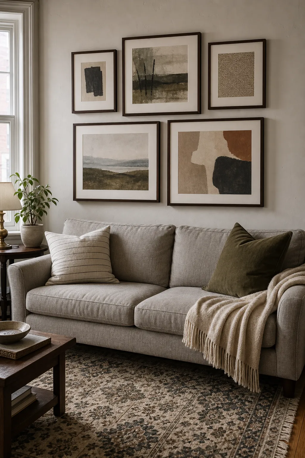 Gallery wall spacing above a sofa with colors connected to the rug