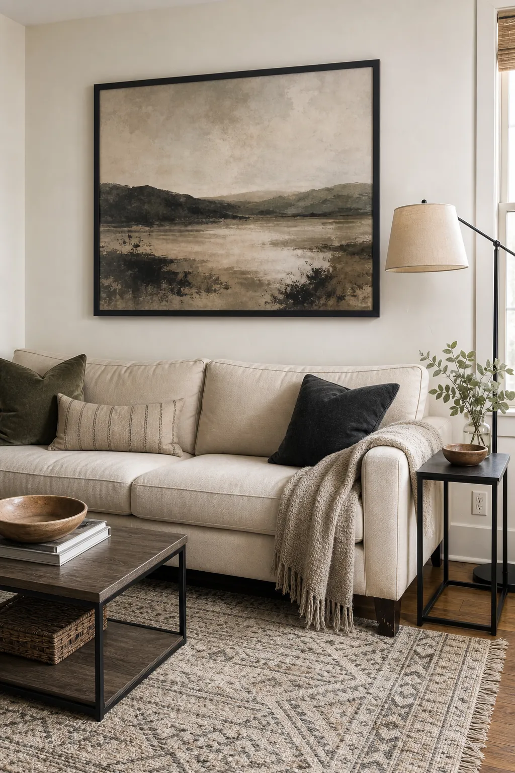 Large living room prints balanced above a neutral sofa and textured rug