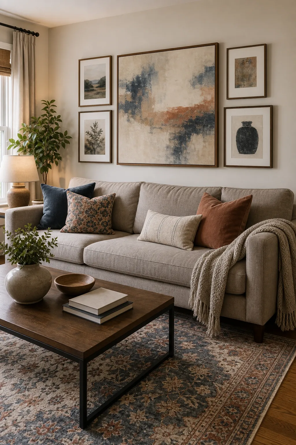 Finished living room wall decor tying together sofa rug and artwork