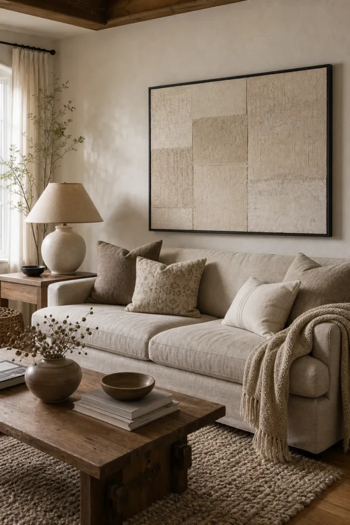 Cozy neutral living room wall decor with textured art above a beige sofa