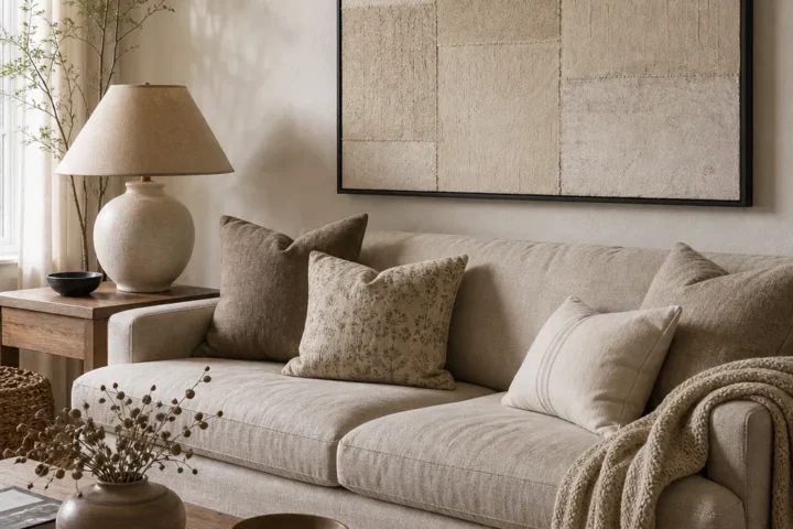 Cozy neutral living room wall decor with textured art above a beige sofa
