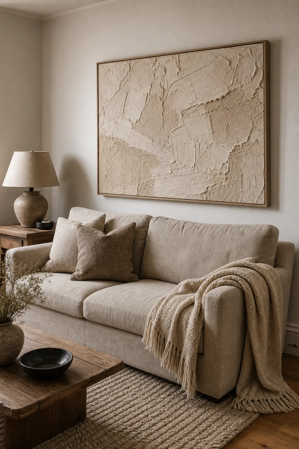 Textured neutral living room wall decor layered above a beige sofa