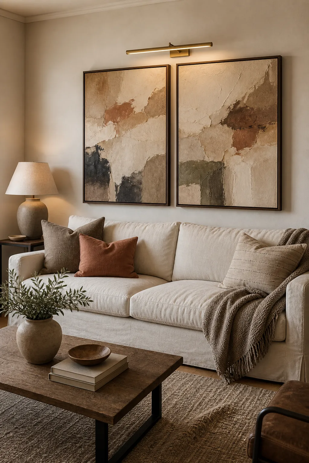 Warm neutral wall art above a sofa in a cozy living room