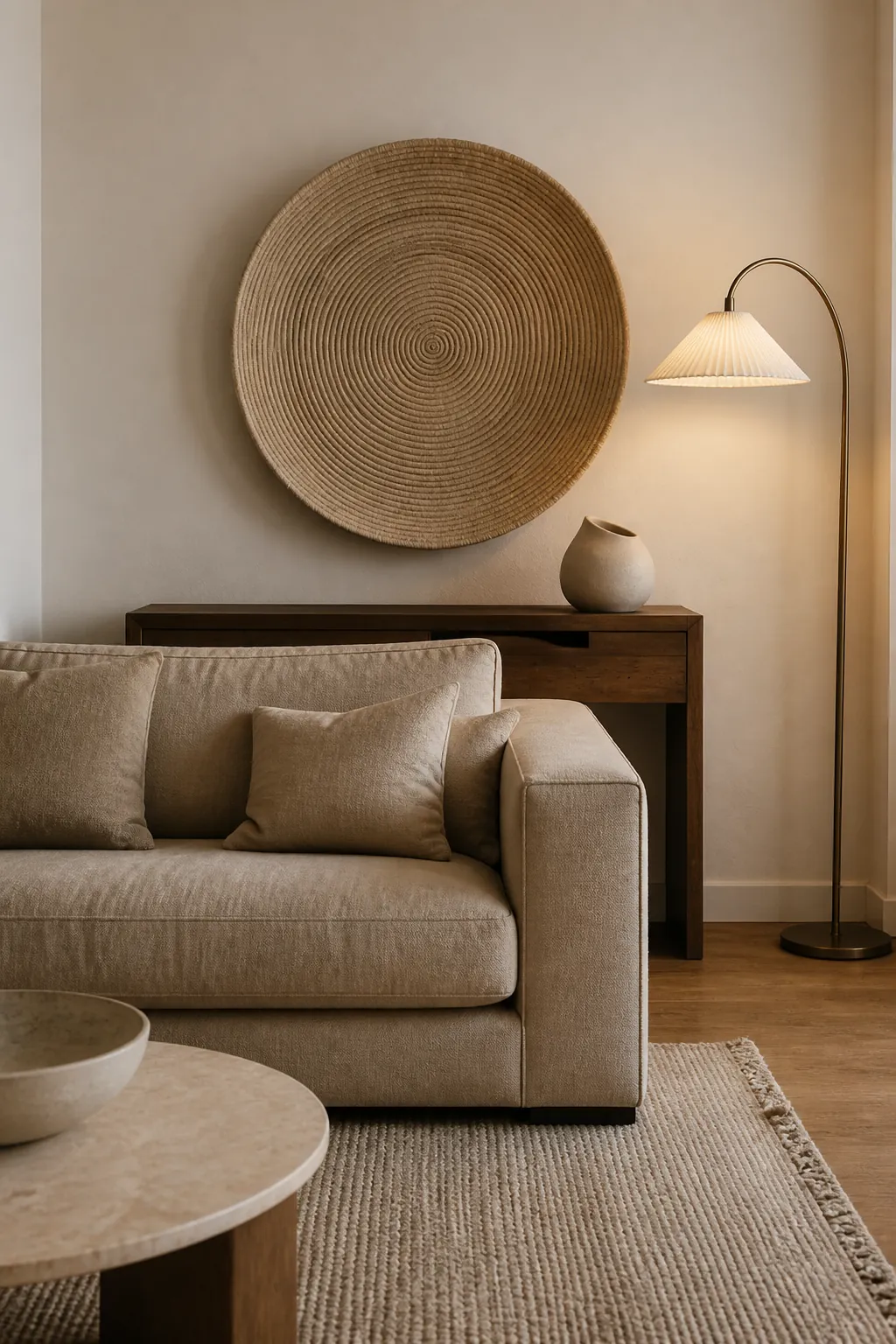 Sculptural wall accent adding shape to beige living room decor