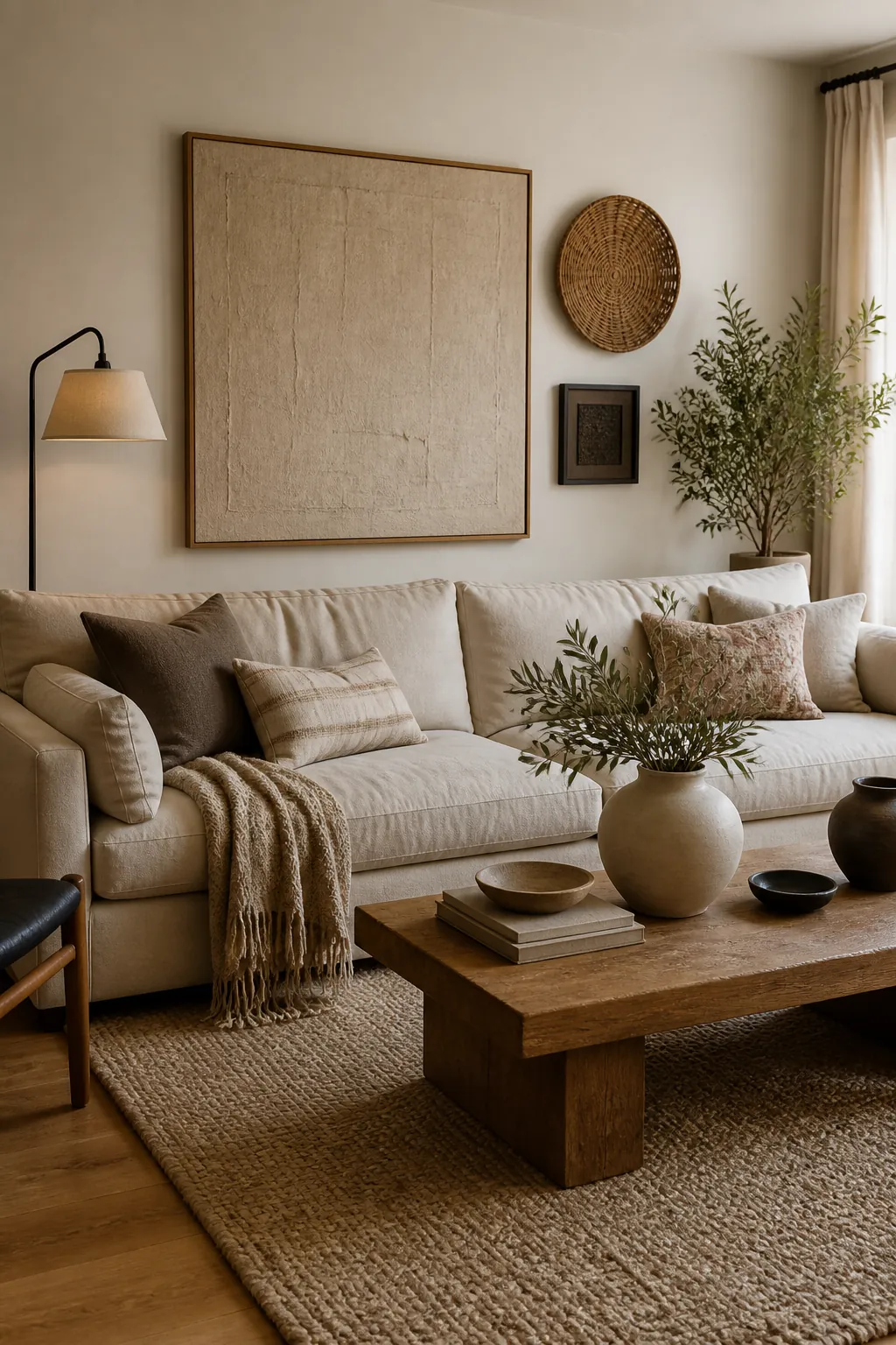 Cozy neutral living room with layered wall decor that is not boring