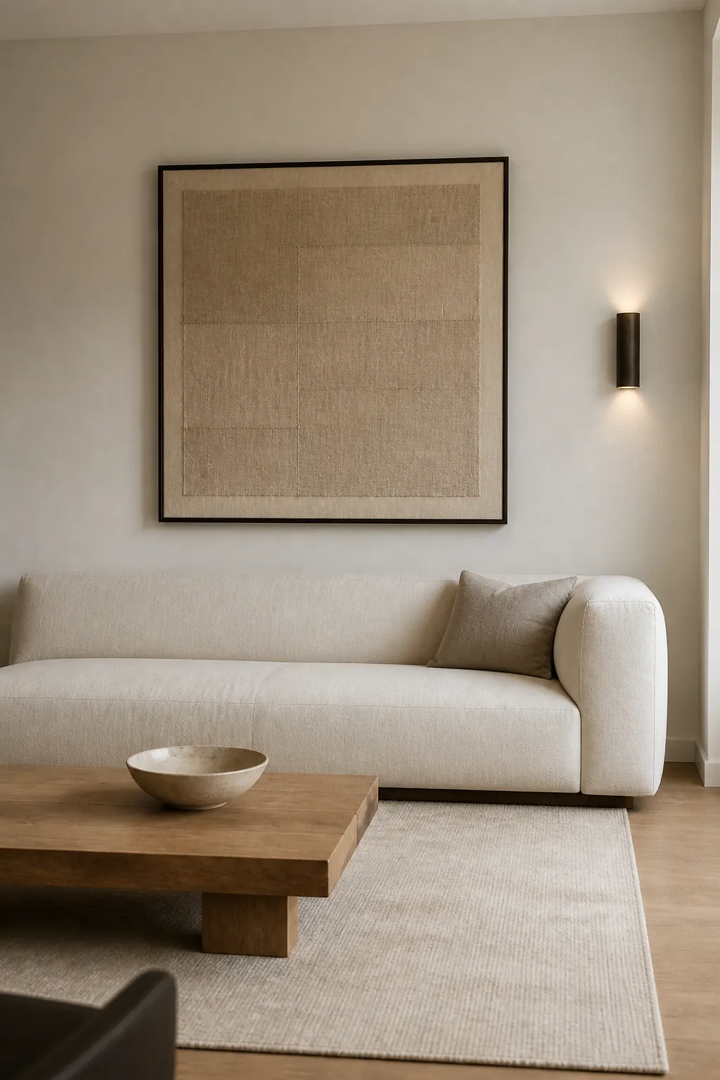 Minimalist living room wall with neutral art and intentional negative space