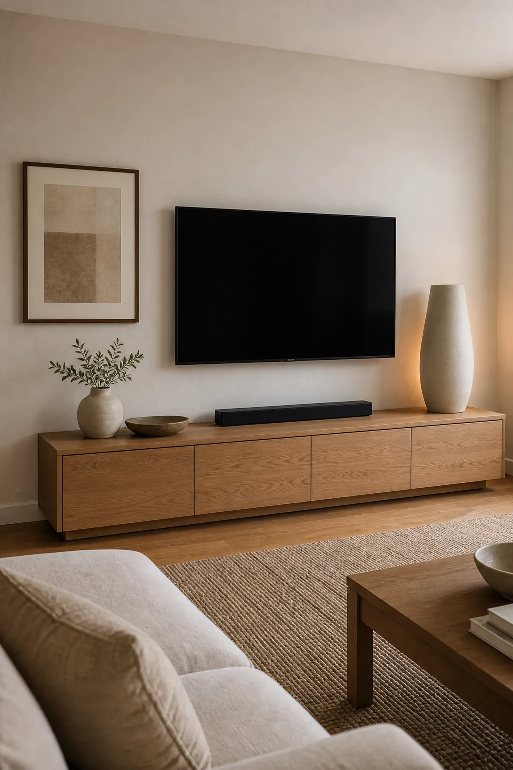 Clean TV wall layout with simple zones for decor around TV