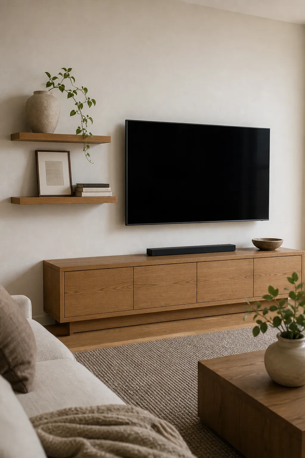 Floating shelves beside TV styled with restraint in a living room
