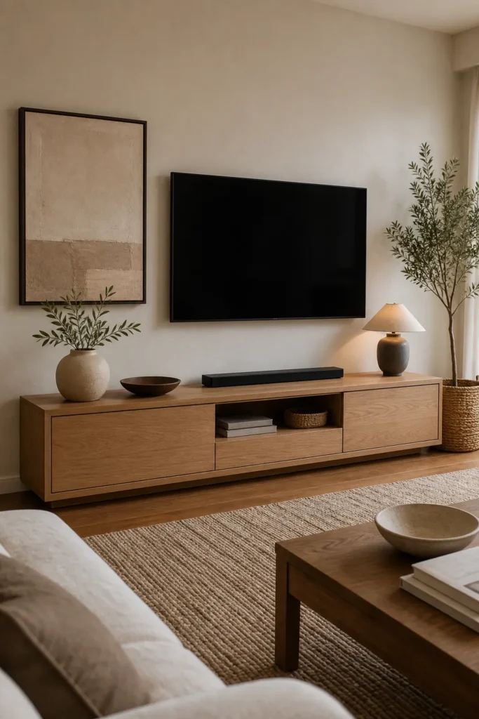 Living room TV wall decorated with art storage and no clutter
