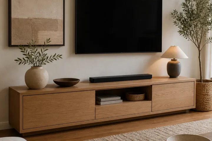 Living room TV wall decorated with art storage and no clutter