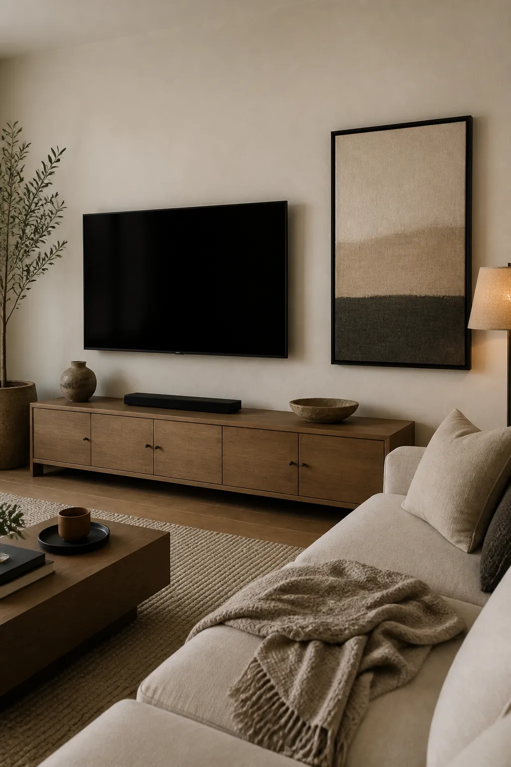 Wall art around television arranged off to the side without clutter