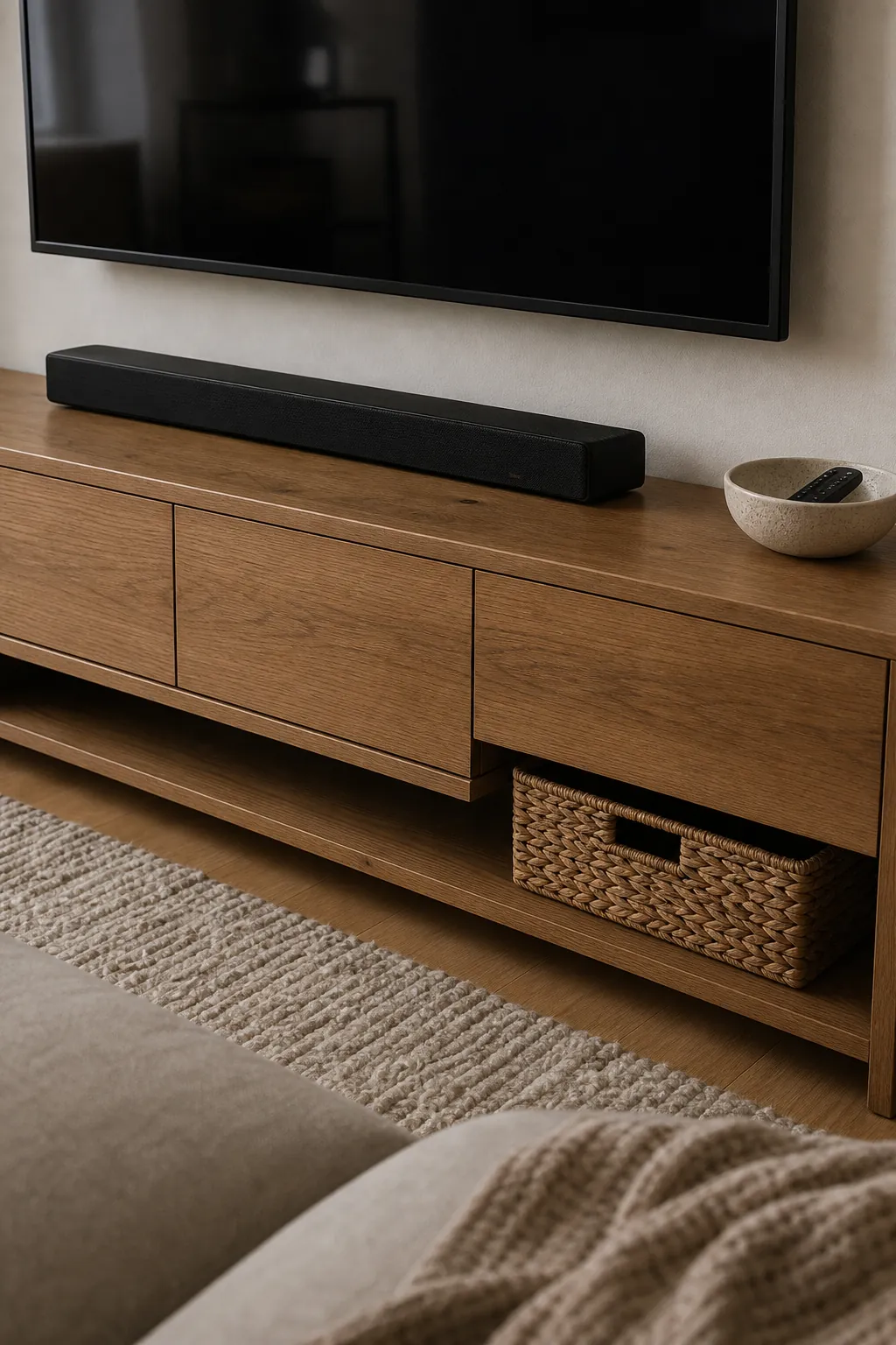 Living room media wall decor with hidden cables and a clean console