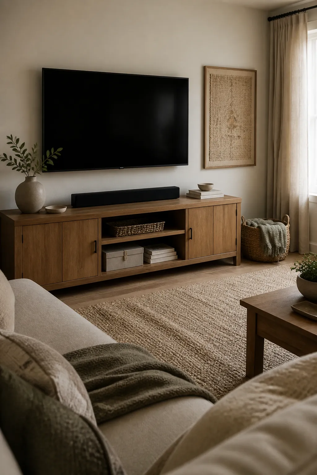 Family room TV wall with soft decor and practical storage