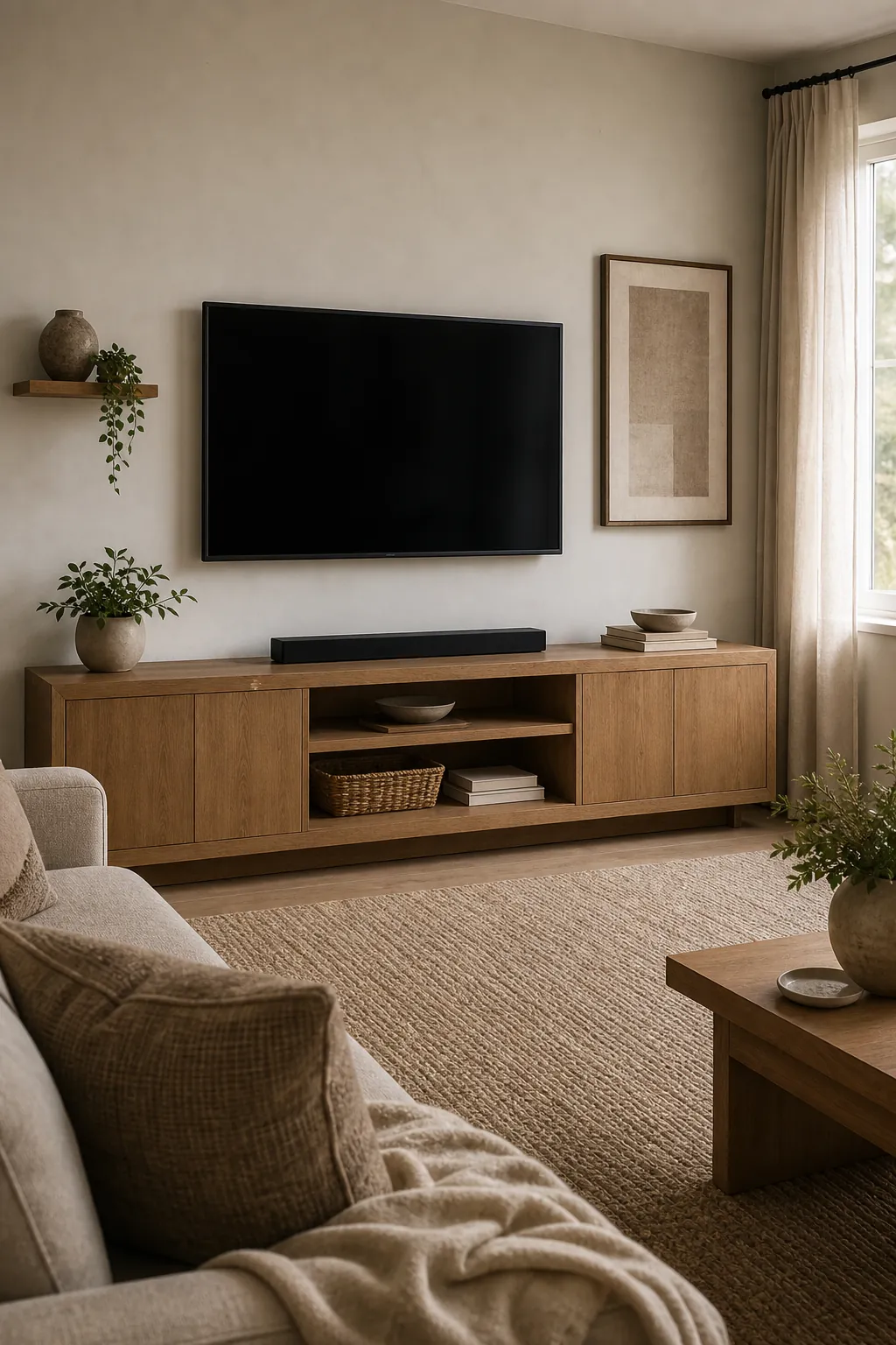 Minimal TV wall ideas with balanced art shelves and no clutter