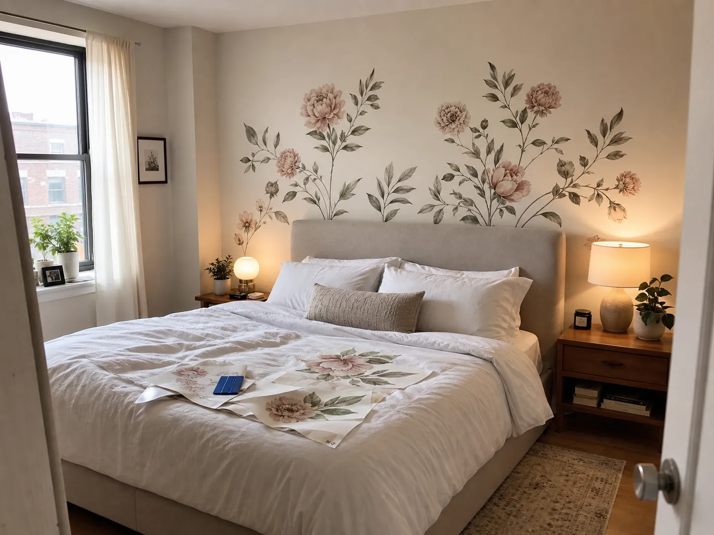 Floral peel and stick wall decals arranged above a bedroom headboard