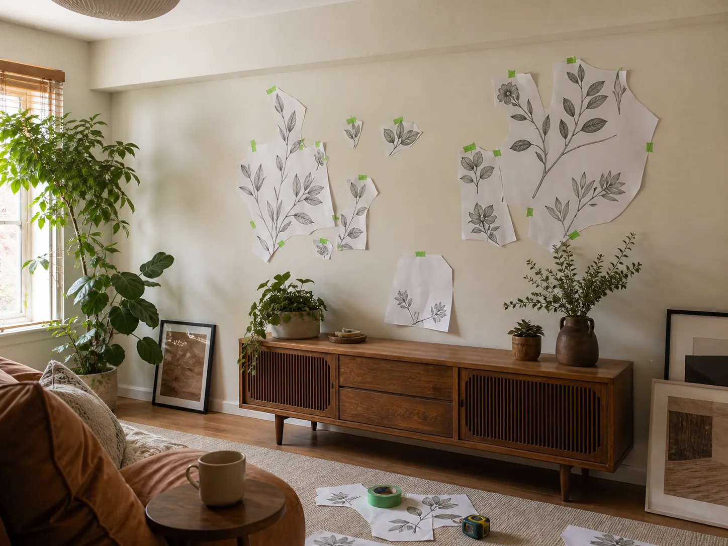 Planning peel and stick wall decal placement with paper templates in a living room