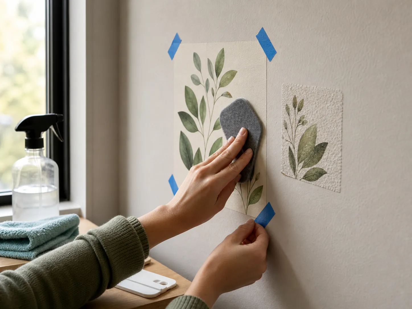 Testing a peel and stick wall decal sample on a painted apartment wall