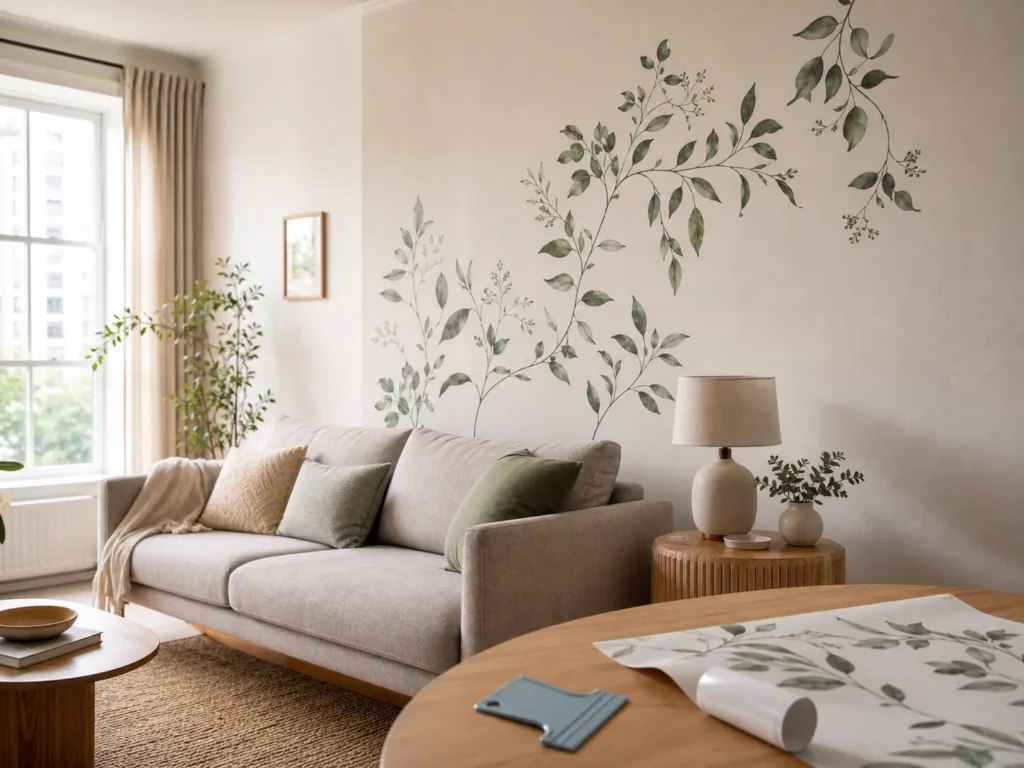 Peel and stick wall decals styled as a renter-friendly living room accent wall