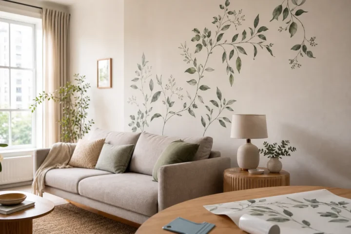 Peel and stick wall decals styled as a renter-friendly living room accent wall