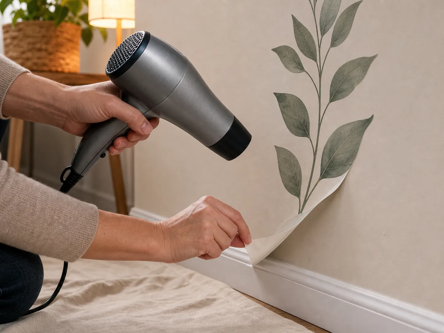 Removing a peel and stick wall decal with low heat to protect paint