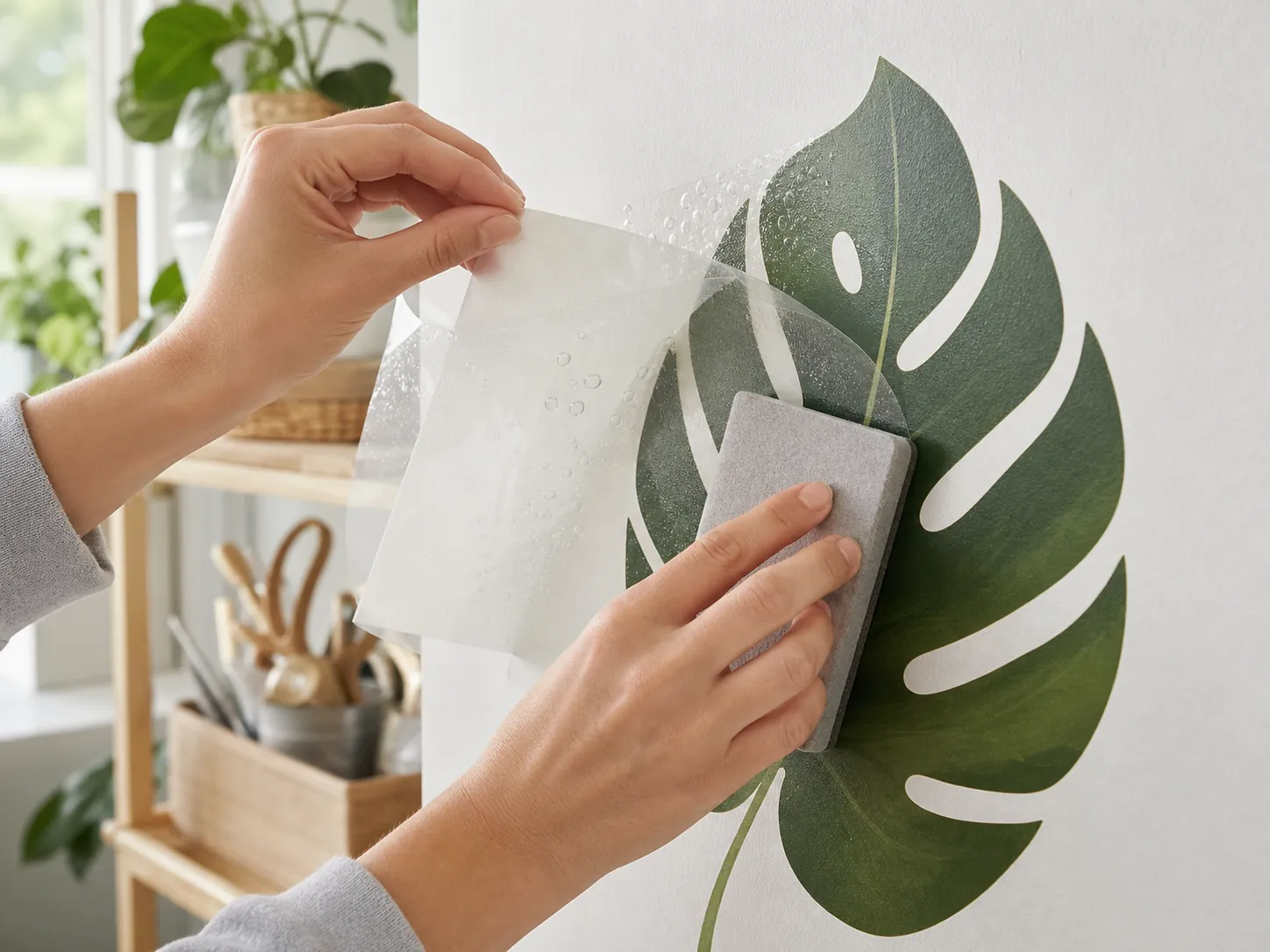 Smoothing a vinyl wall sticker to avoid bubbles during installation