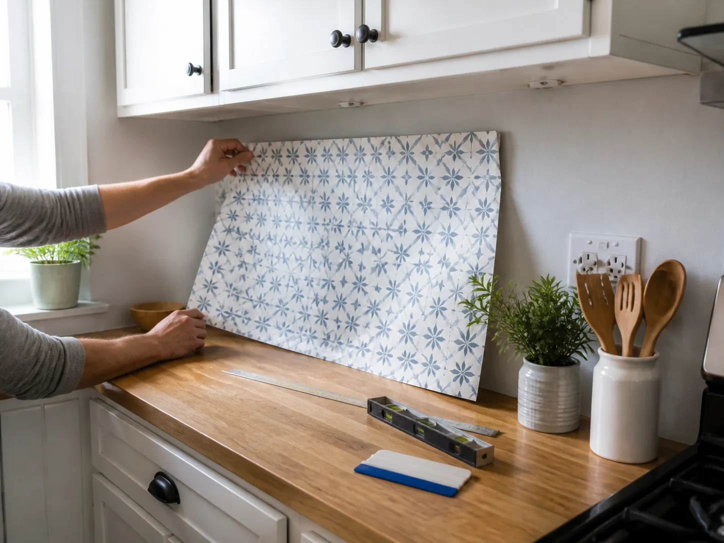 Aligning a peel and stick decal panel in a small rental kitchen