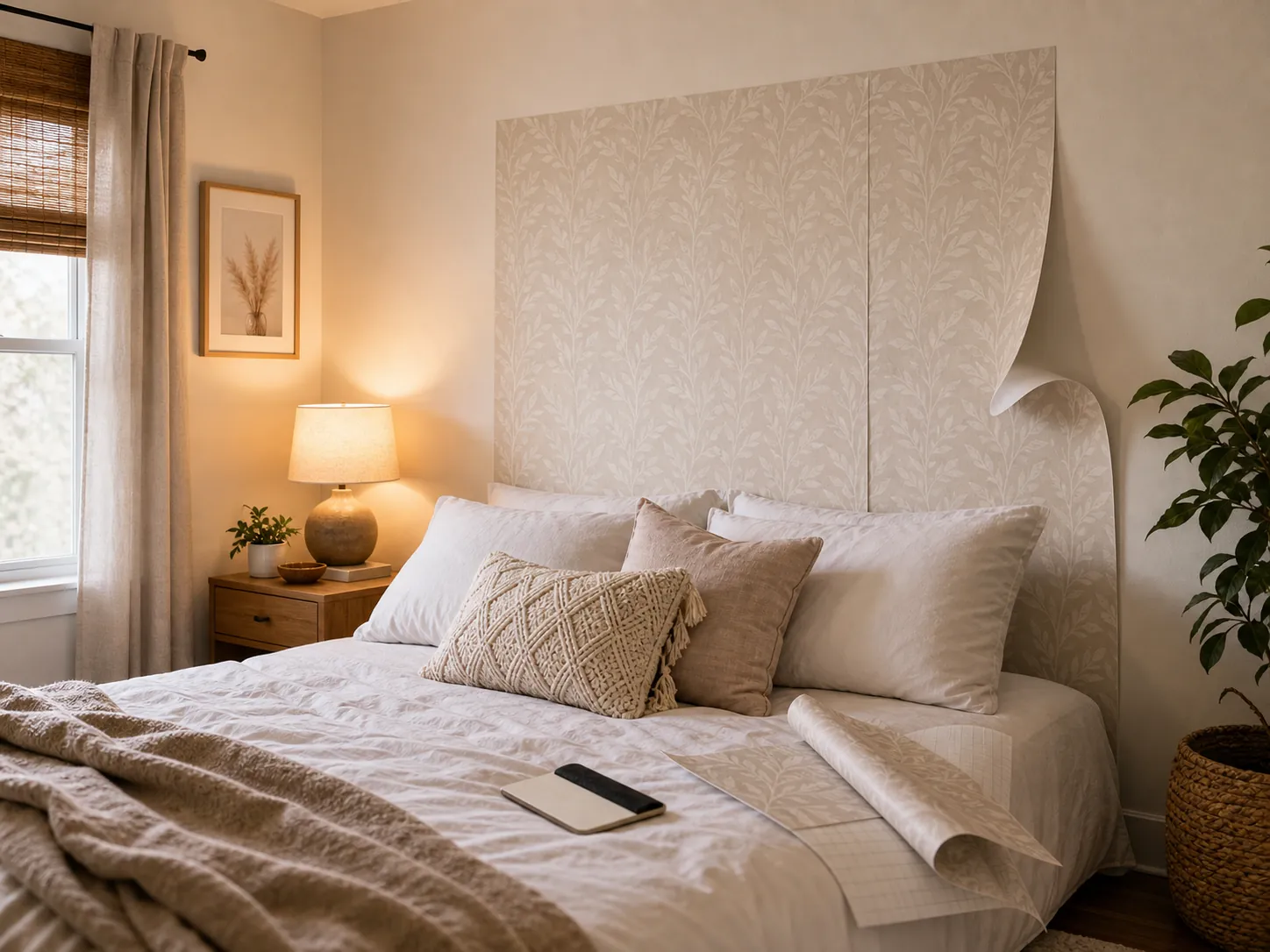 Removable wallpaper stickers creating a warm bedroom headboard accent