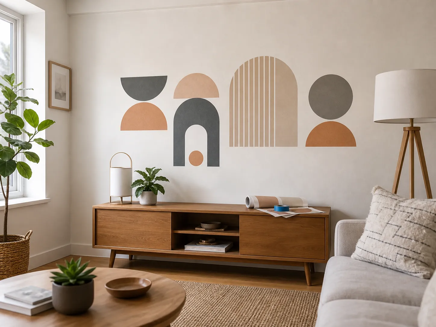 Modern removable wall stickers arranged above a living room console