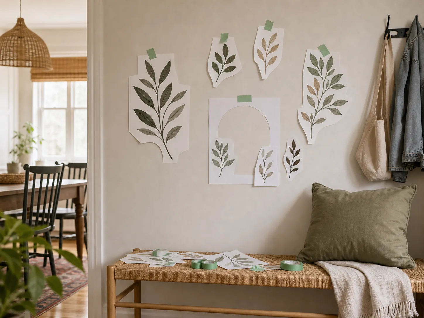 Planning removable wall sticker placement with tape and paper templates