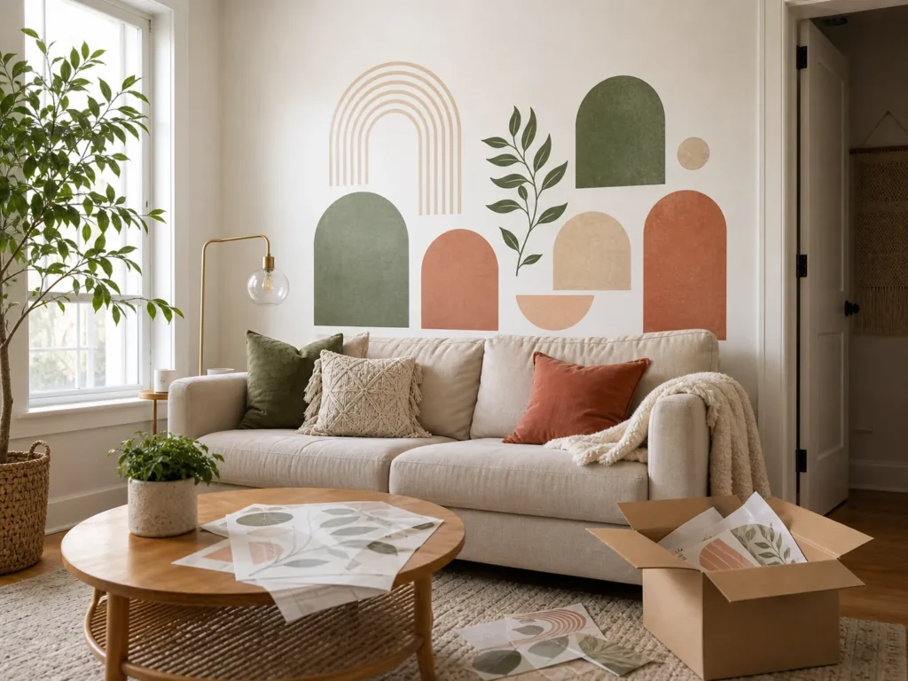 Removable wall stickers creating a renter-friendly living room accent