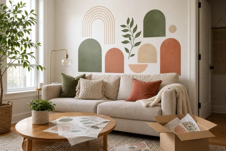 Removable wall stickers creating a renter-friendly living room accent