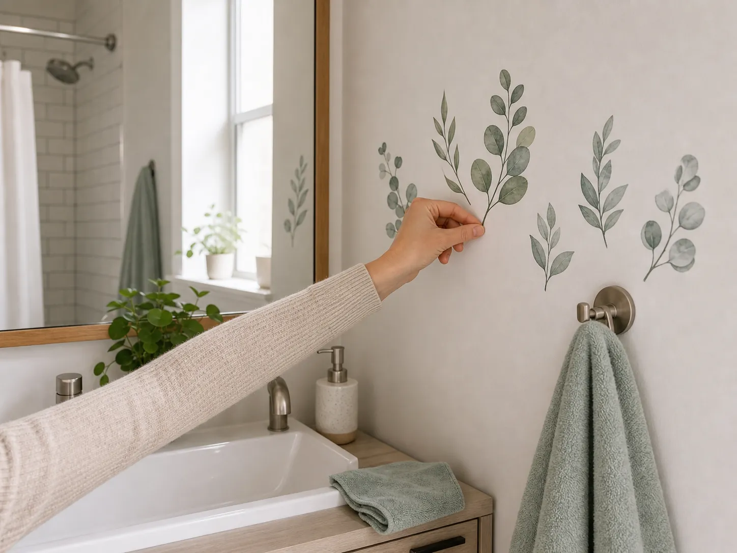 Applying small removable wall decals on a dry bathroom wall