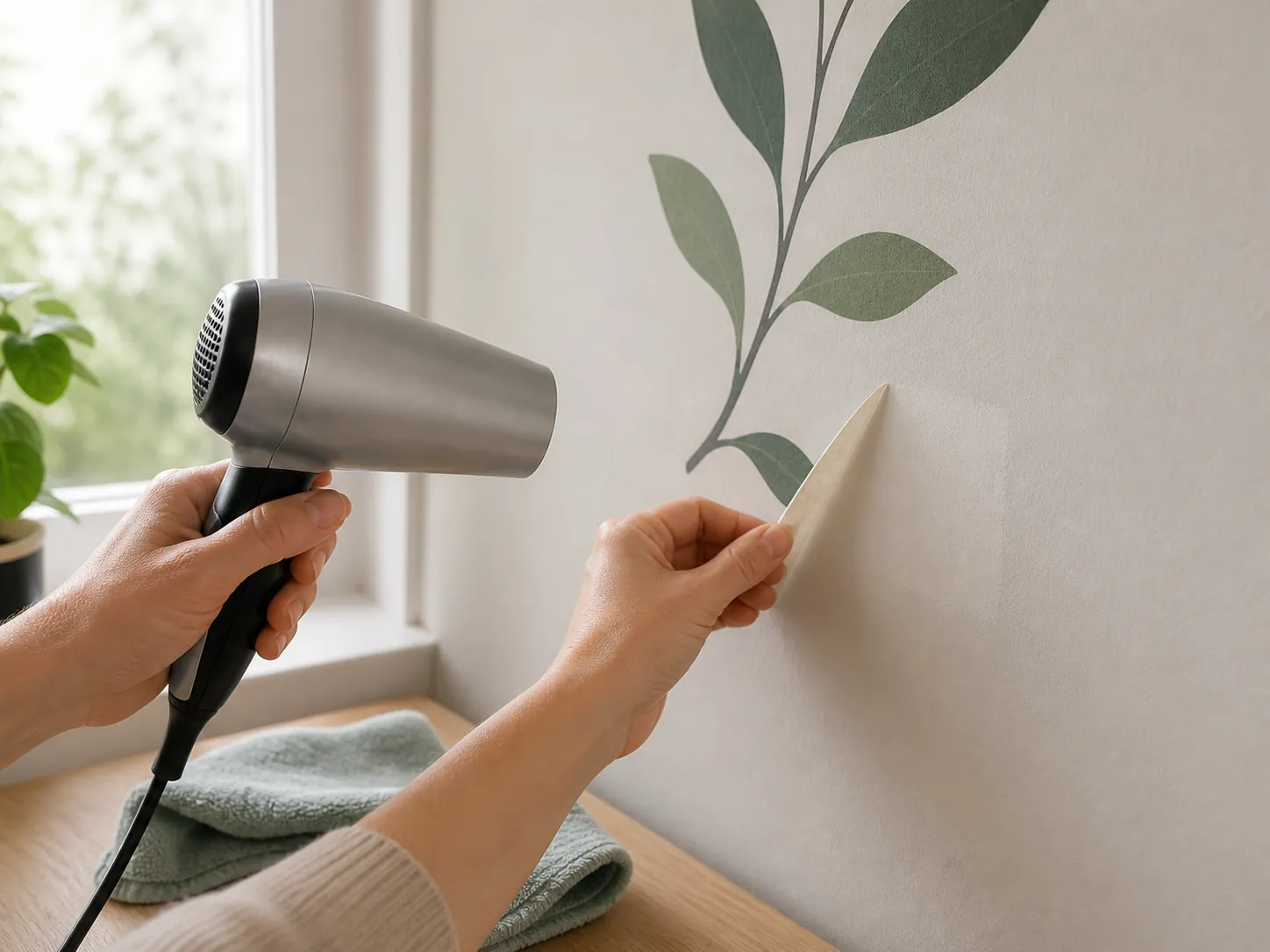 Slowly removing a wall sticker with low heat to protect paint