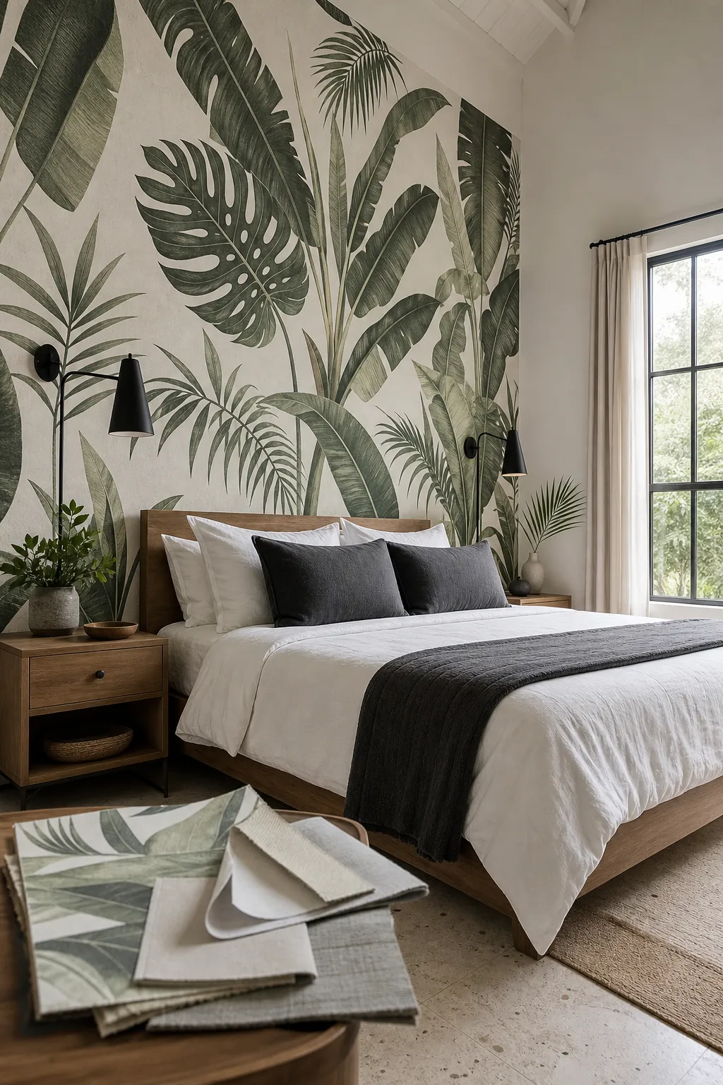 Large scale tropical leaf wallpaper behind a calm modern bedroom