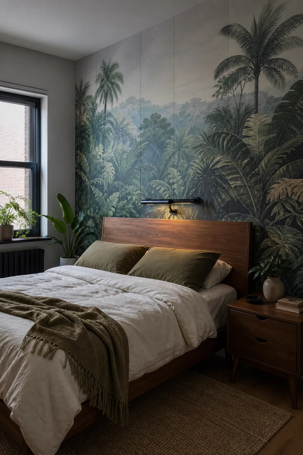 Tropical wall mural bedroom with layered jungle depth behind the bed