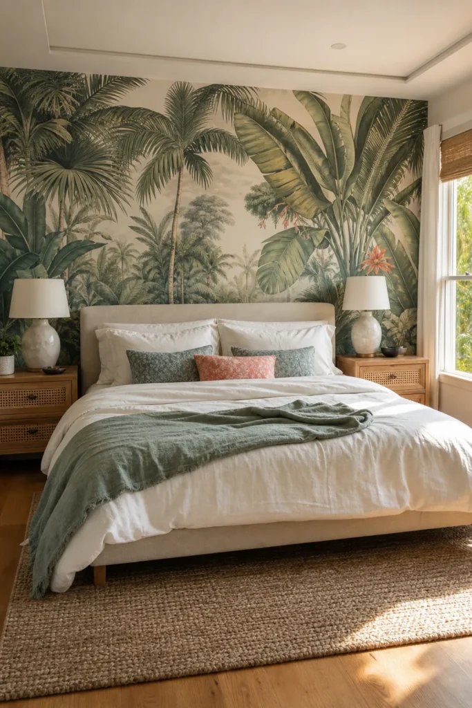Tropical wallpaper bedroom with a calm palm leaf feature wall and natural bedding