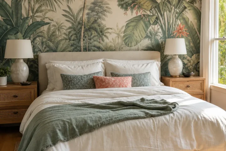 Tropical wallpaper bedroom with a calm palm leaf feature wall and natural bedding