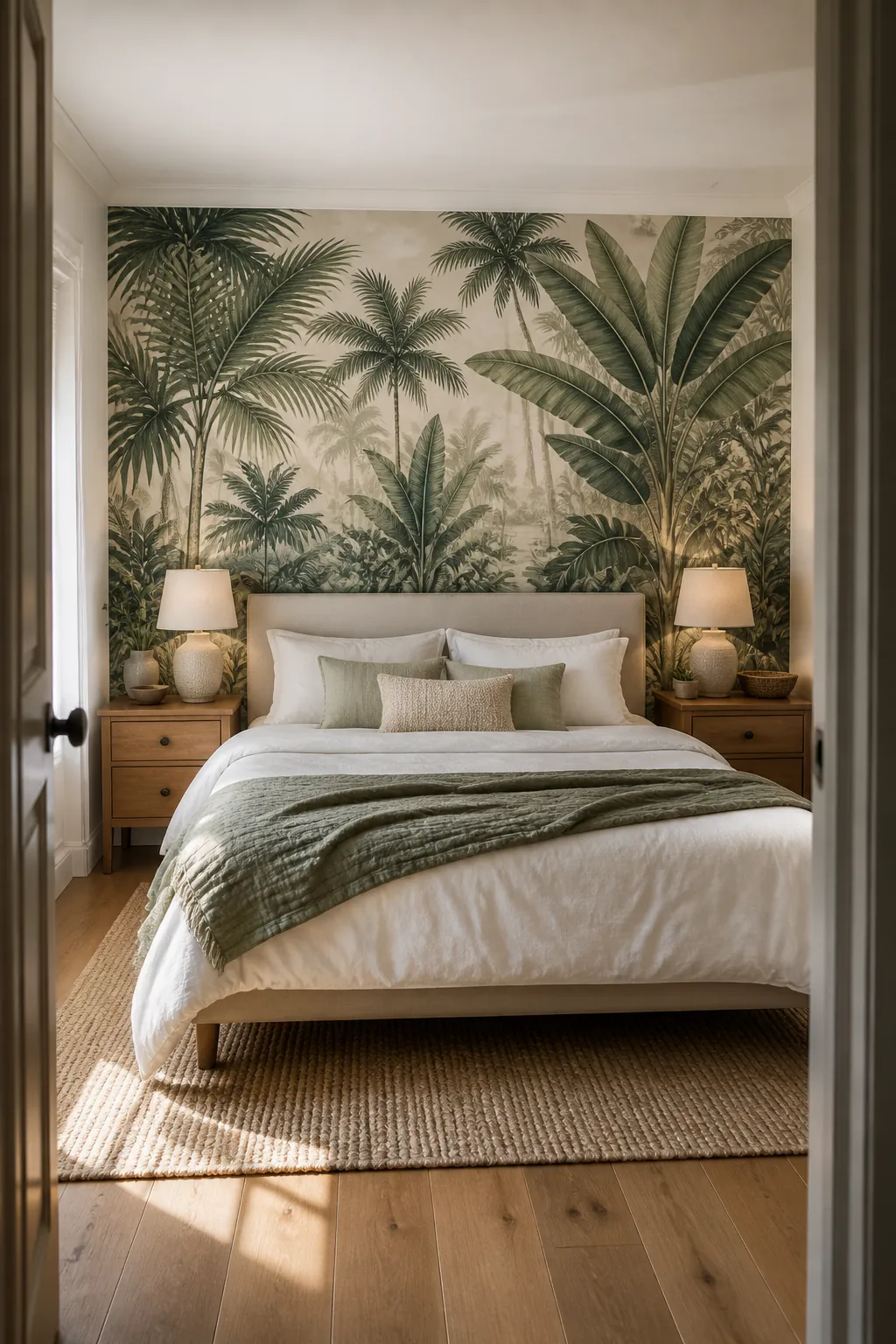 Tropical wallpaper bedroom with a palm leaf headboard feature wall