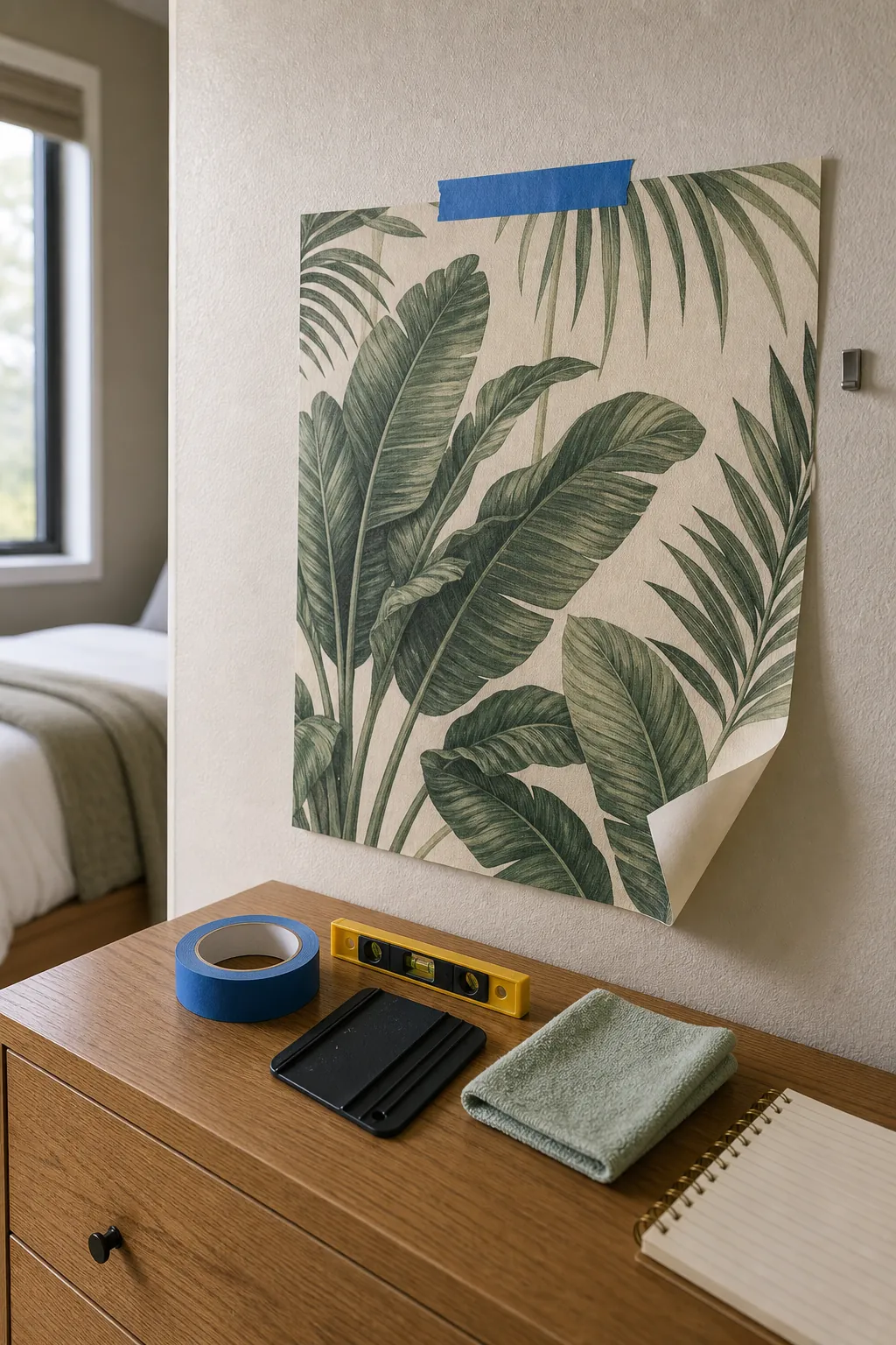 Peel and stick tropical wallpaper sample being tested on a bedroom wall
