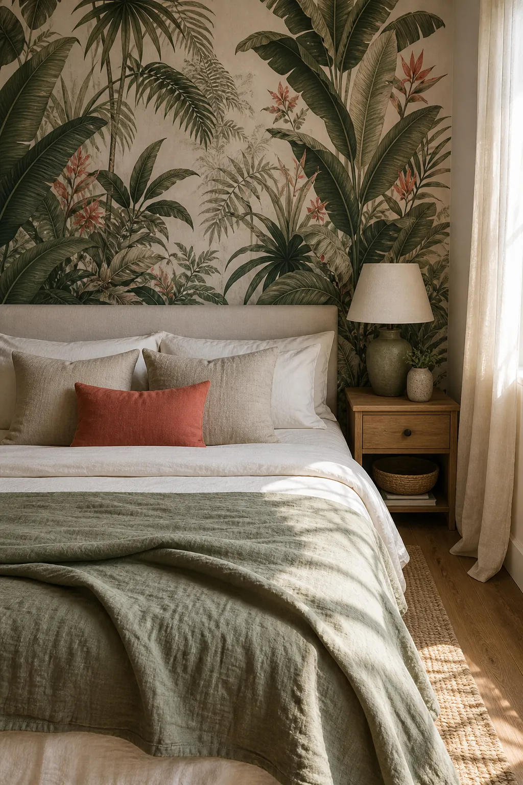 Tropical bedroom decor with quiet bedding that balances leaf wallpaper