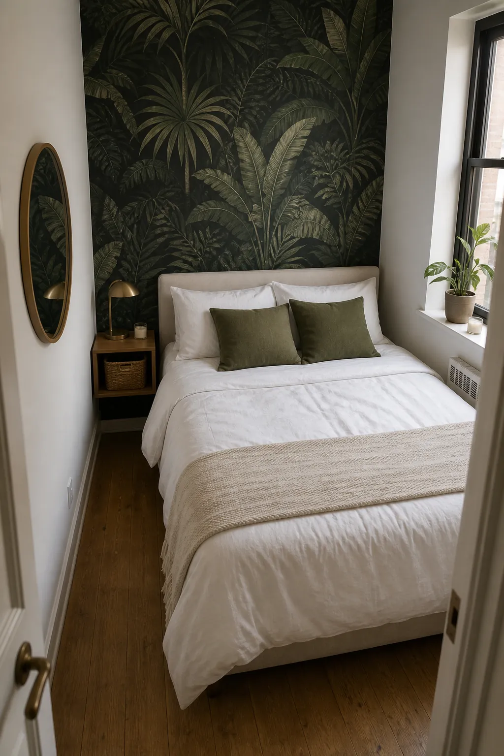 Small bedroom with tropical wallpaper feature wall that adds depth